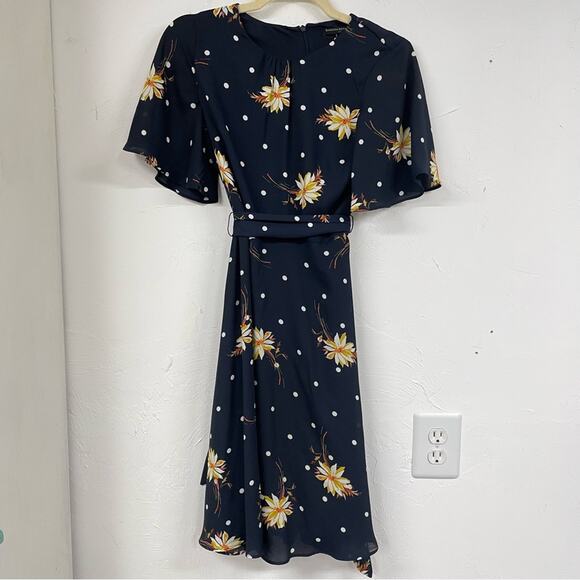 Banana Republic Navy Blue Floral Flutter Sleeve Mini Dress Womens 0 Tie Waist - Picture 1 of 8